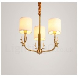Lustre suspendu luxueux en laiton pur, rustique, rétro, vintage, avec abat-jour en tissu