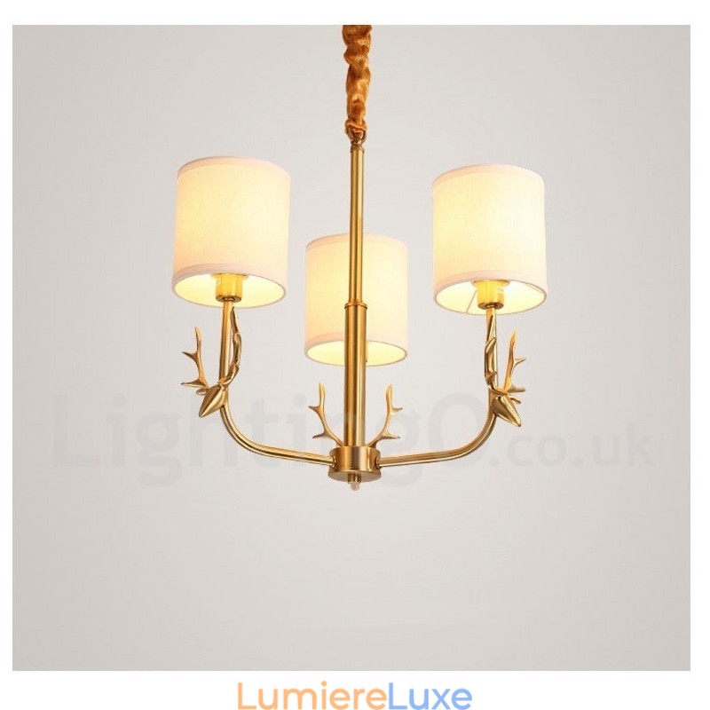 Lustre suspendu luxueux en laiton pur, rustique, rétro, vintage, avec abat-jour en tissu