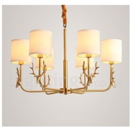 Lustre suspendu luxueux en laiton pur, rustique, rétro, vintage, avec abat-jour en tissu