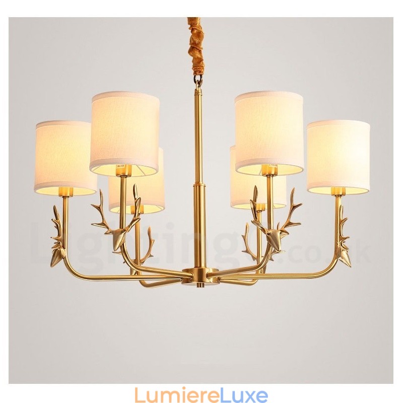 Lustre suspendu luxueux en laiton pur, rustique, rétro, vintage, avec abat-jour en tissu