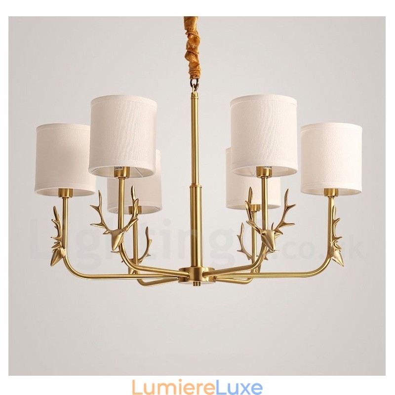 Lustre suspendu luxueux en laiton pur, rustique, rétro, vintage, avec abat-jour en tissu