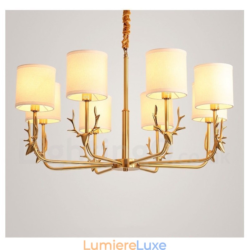 Lustre suspendu luxueux en laiton pur, rustique, rétro, vintage, avec abat-jour en tissu