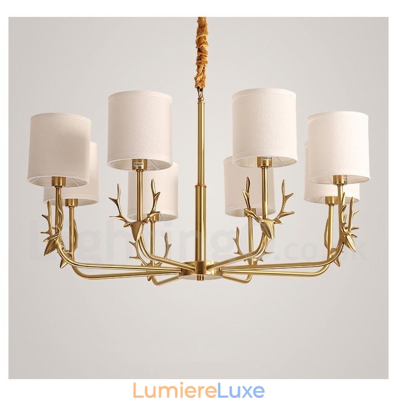 Lustre suspendu luxueux en laiton pur, rustique, rétro, vintage, avec abat-jour en tissu