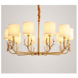 Lustre suspendu luxueux en laiton pur, rustique, rétro, vintage, avec abat-jour en tissu