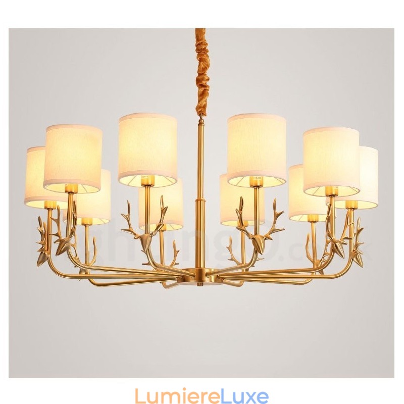 Lustre suspendu luxueux en laiton pur, rustique, rétro, vintage, avec abat-jour en tissu