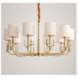 Lustre suspendu luxueux en laiton pur, rustique, rétro, vintage, avec abat-jour en tissu