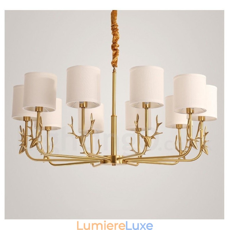 Lustre suspendu luxueux en laiton pur, rustique, rétro, vintage, avec abat-jour en tissu