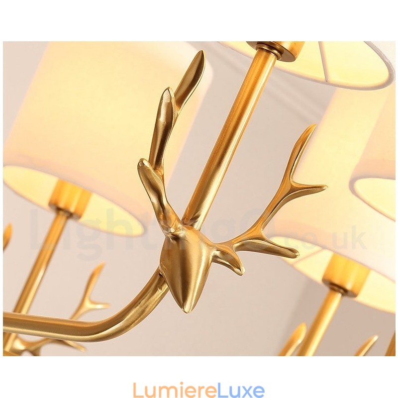 Lustre suspendu luxueux en laiton pur, rustique, rétro, vintage, avec abat-jour en tissu