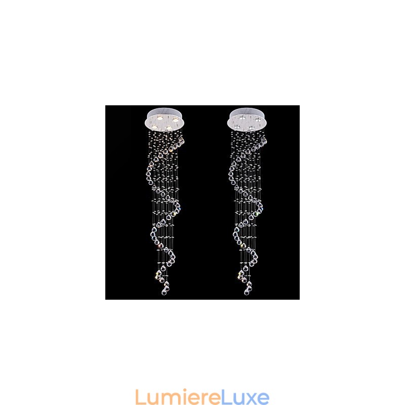 Lustre suspendu en cristal à 4 lumières, design argenté, cristal transparent K9, hélice, hauteur 150 cm
