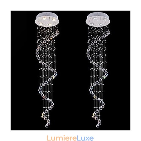 Lustre suspendu en cristal à 4 lumières, design argenté, cristal transparent K9, hélice, hauteur 150 cm Lustre suspendu en cristal à 4 lumières, design argenté, cristal transparent K9, hélice, hauteur 150 cm