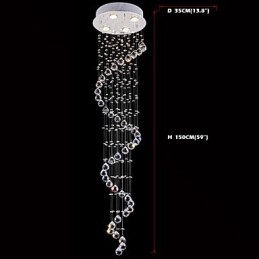 Lustre suspendu en cristal à 4 lumières, design argenté, cristal transparent K9, hélice, hauteur 150 cm