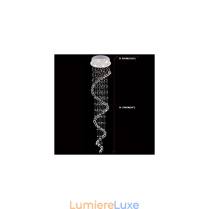 Lustre suspendu en cristal à 4 lumières, design argenté, cristal transparent K9, hélice, hauteur 150 cm