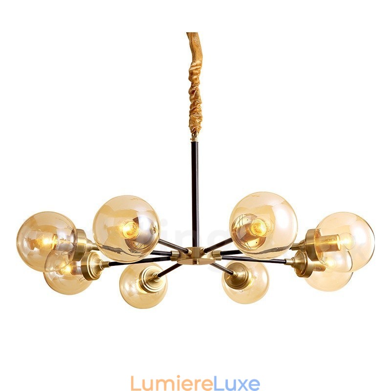 Lustre suspendu luxueux en laiton pur, style rustique rétro vintage, avec abat-jour en verre