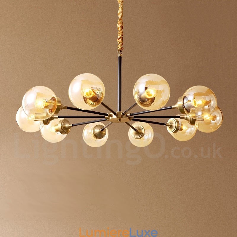 Lustre suspendu luxueux en laiton pur, style rustique rétro vintage, avec abat-jour en verre
