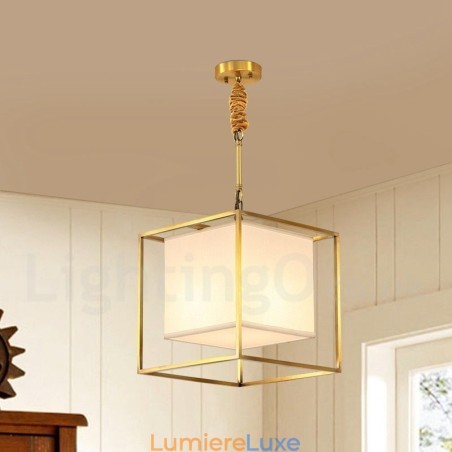 Suspension en laiton pur, style rustique, rétro et vintage, avec abat-jour en tissu Suspension en laiton pur, style rustique, rétro et vintage, avec abat-jour en tissu