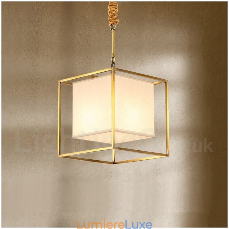 Suspension en laiton pur, style rustique, rétro et vintage, avec abat-jour en tissu