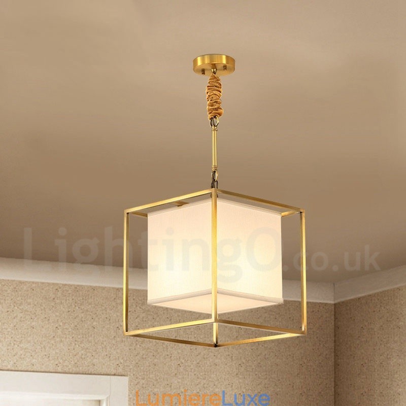 Suspension en laiton pur, style rustique, rétro et vintage, avec abat-jour en tissu