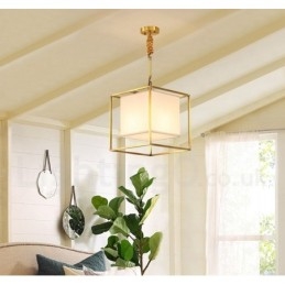 Suspension en laiton pur, style rustique, rétro et vintage, avec abat-jour en tissu