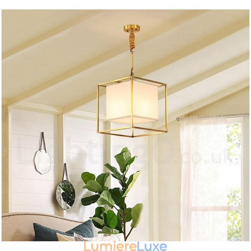 Suspension en laiton pur, style rustique, rétro et vintage, avec abat-jour en tissu