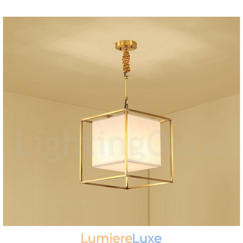 Suspension en laiton pur, style rustique, rétro et vintage, avec abat-jour en tissu