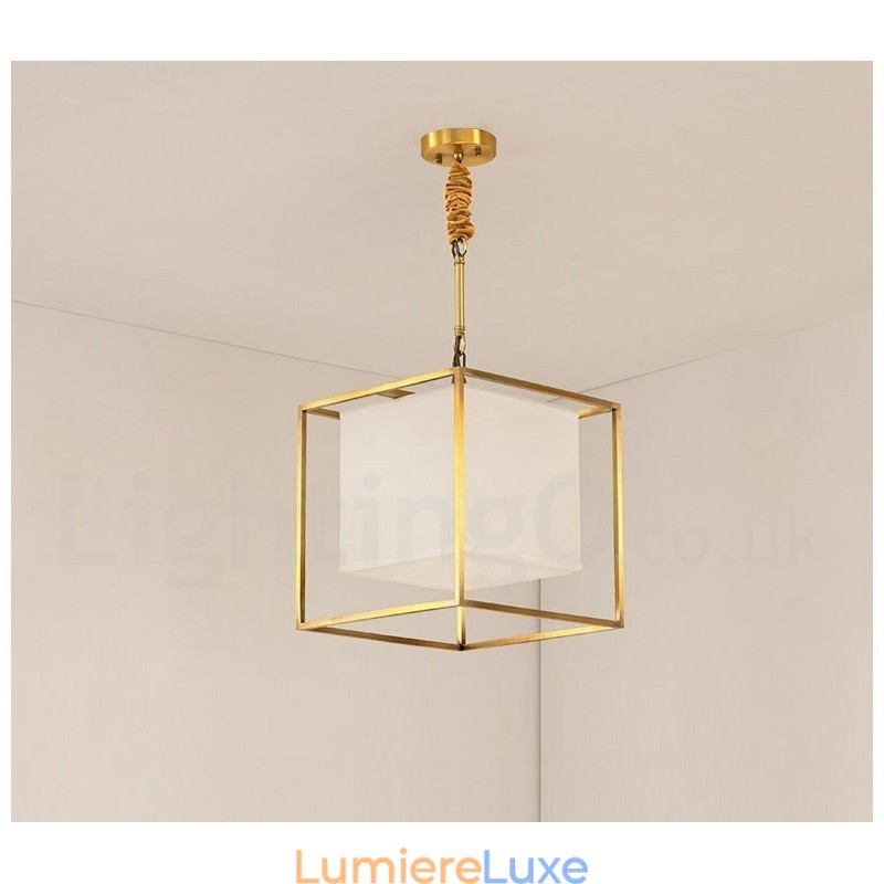 Suspension en laiton pur, style rustique, rétro et vintage, avec abat-jour en tissu