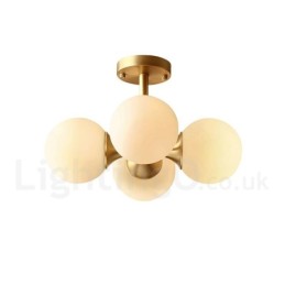 Plafonnier encastré à 4 lampes en laiton pur, style moderne, contemporain, rustique, rétro, vintage, avec abat-jour en verre