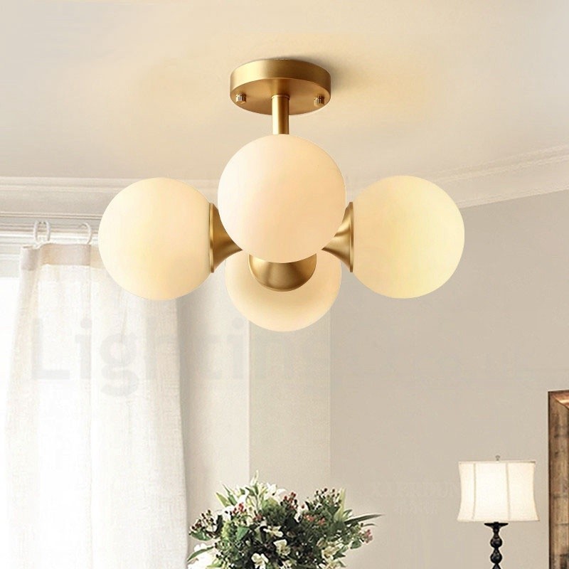 Plafonnier encastré à 4 lampes en laiton pur, style moderne, contemporain, rustique, rétro, vintage, avec abat-jour en verre