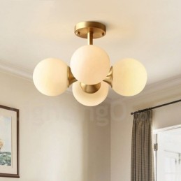 Plafonnier encastré à 4 lampes en laiton pur, style moderne, contemporain, rustique, rétro, vintage, avec abat-jour en verre