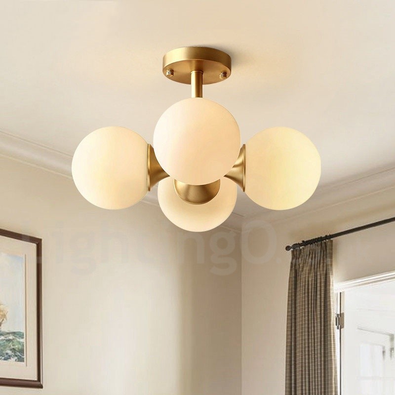 Plafonnier encastré à 4 lampes en laiton pur, style moderne, contemporain, rustique, rétro, vintage, avec abat-jour en verre