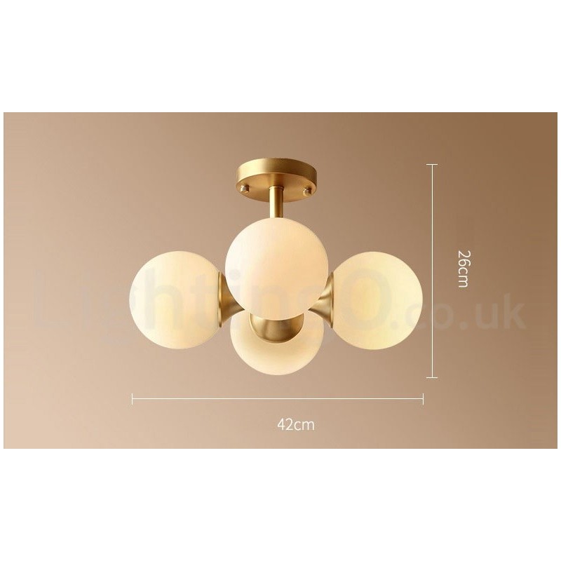 Plafonnier encastré à 4 lampes en laiton pur, style moderne, contemporain, rustique, rétro, vintage, avec abat-jour en verre