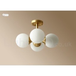 Plafonnier encastré à 4 lampes en laiton pur, style moderne, contemporain, rustique, rétro, vintage, avec abat-jour en verre