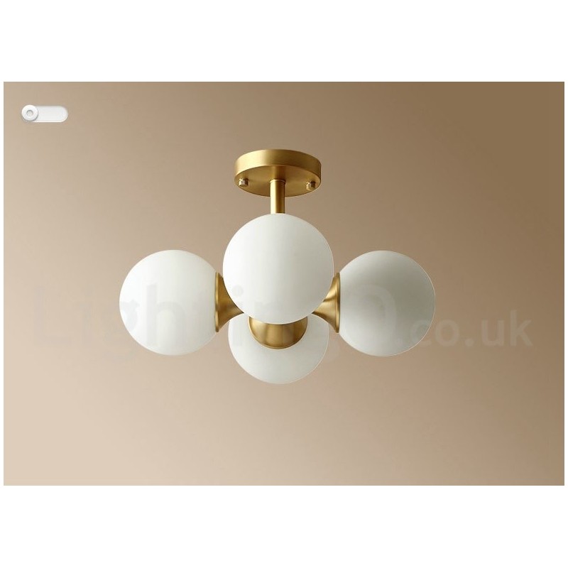 Plafonnier encastré à 4 lampes en laiton pur, style moderne, contemporain, rustique, rétro, vintage, avec abat-jour en verre