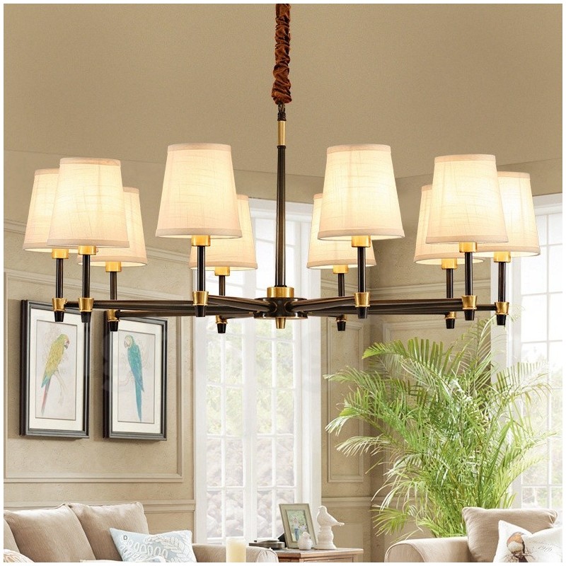 Lustre suspendu luxueux en laiton pur, style rustique rétro vintage, avec abat-jour en tissu
