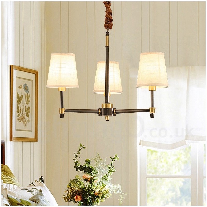 Lustre suspendu luxueux en laiton pur, style rustique rétro vintage, avec abat-jour en tissu