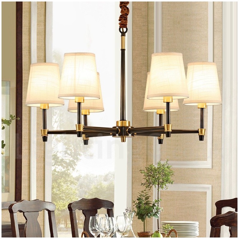 Lustre suspendu luxueux en laiton pur, style rustique rétro vintage, avec abat-jour en tissu