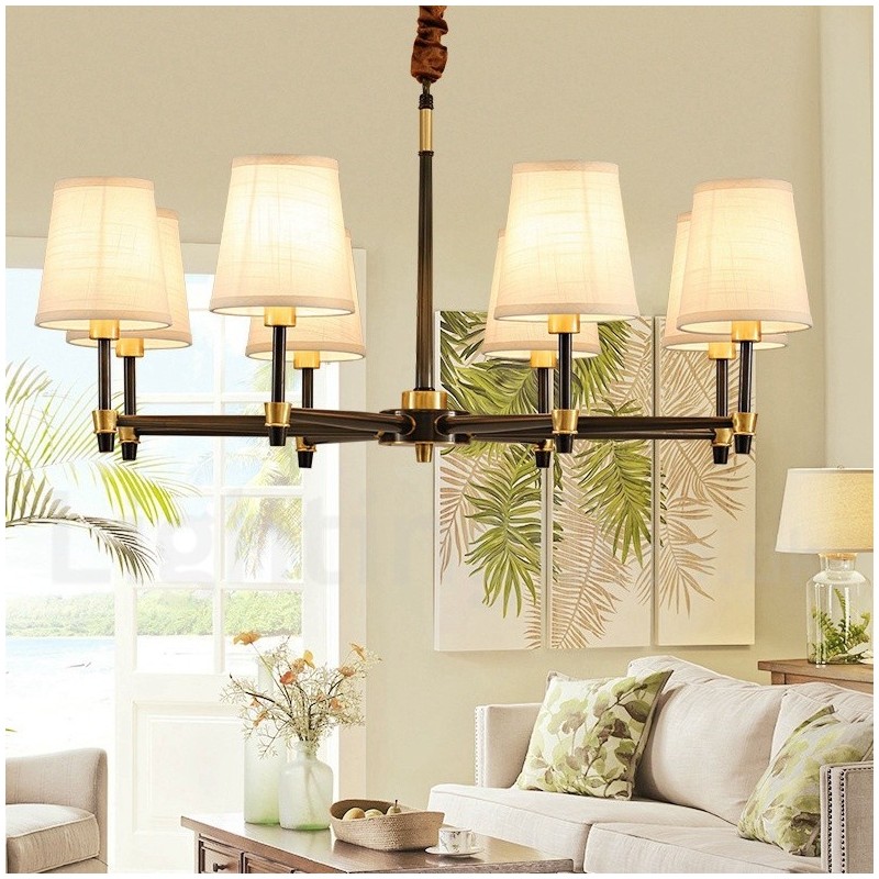 Lustre suspendu luxueux en laiton pur, style rustique rétro vintage, avec abat-jour en tissu