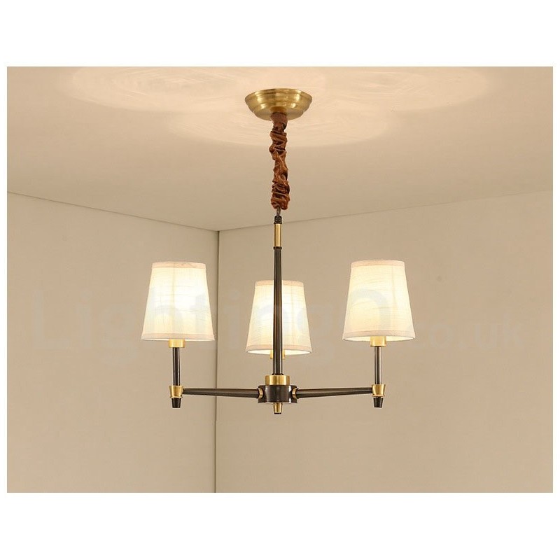 Lustre suspendu luxueux en laiton pur, style rustique rétro vintage, avec abat-jour en tissu