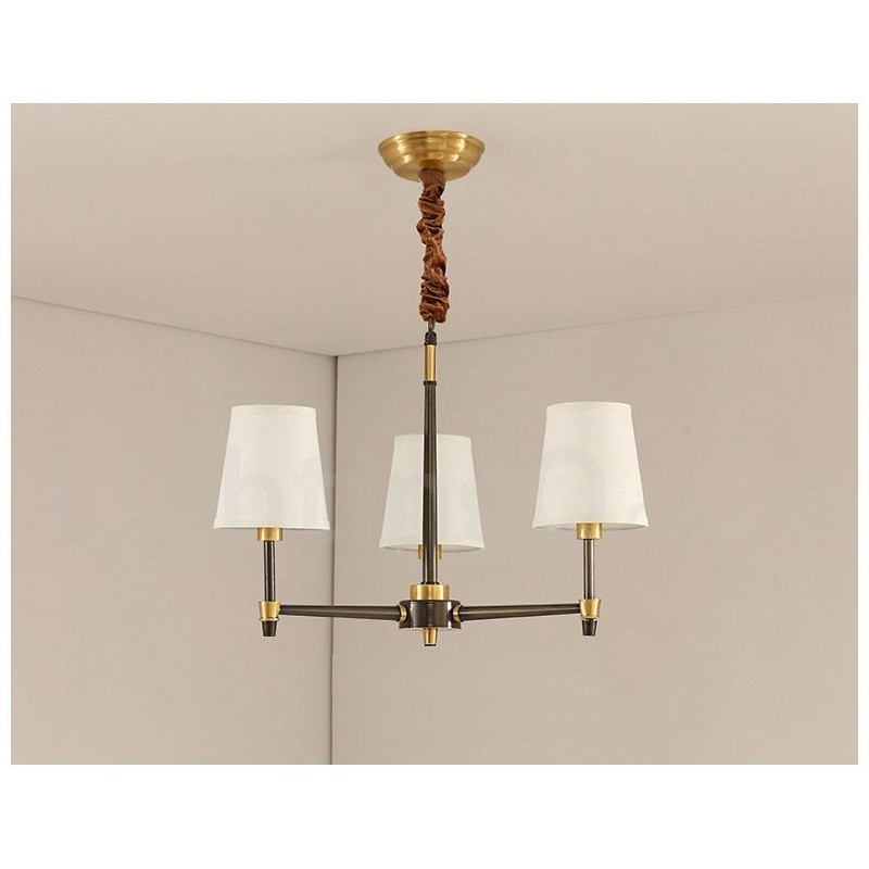 Lustre suspendu luxueux en laiton pur, style rustique rétro vintage, avec abat-jour en tissu