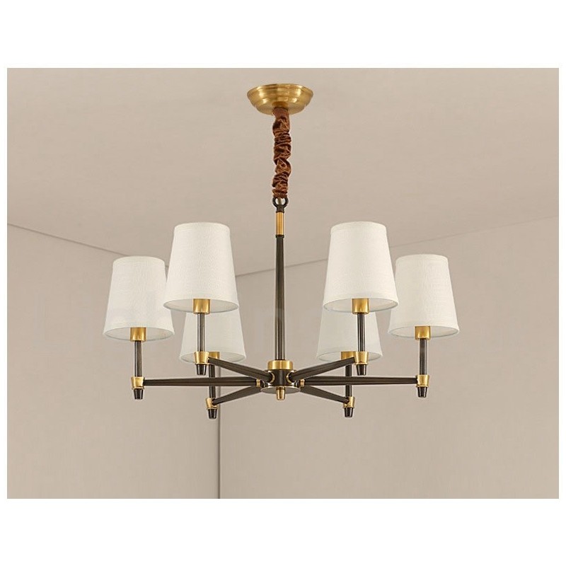 Lustre suspendu luxueux en laiton pur, style rustique rétro vintage, avec abat-jour en tissu
