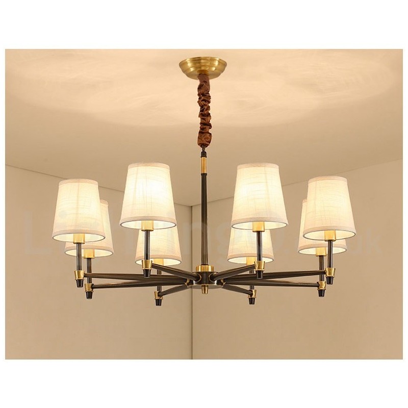 Lustre suspendu luxueux en laiton pur, style rustique rétro vintage, avec abat-jour en tissu