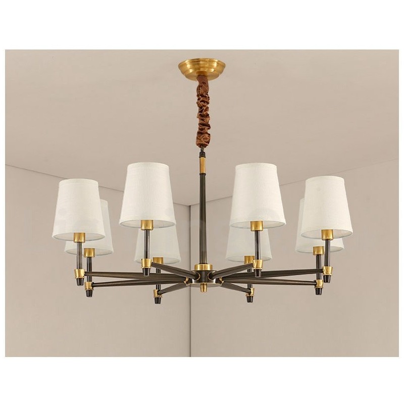 Lustre suspendu luxueux en laiton pur, style rustique rétro vintage, avec abat-jour en tissu