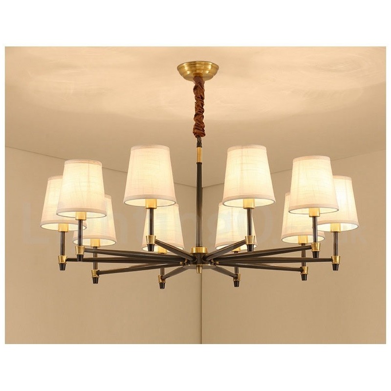 Lustre suspendu luxueux en laiton pur, style rustique rétro vintage, avec abat-jour en tissu