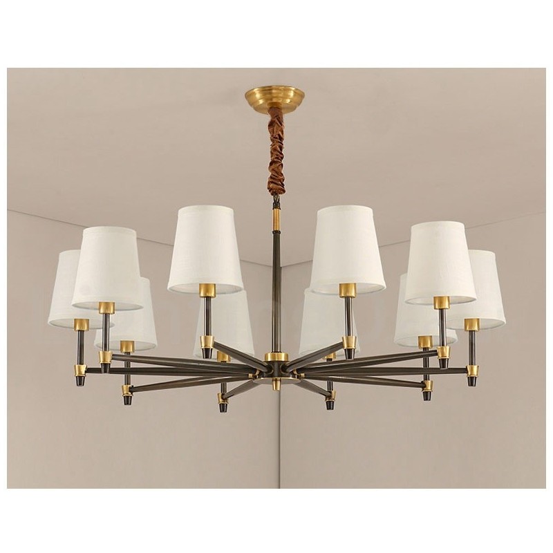 Lustre suspendu luxueux en laiton pur, style rustique rétro vintage, avec abat-jour en tissu