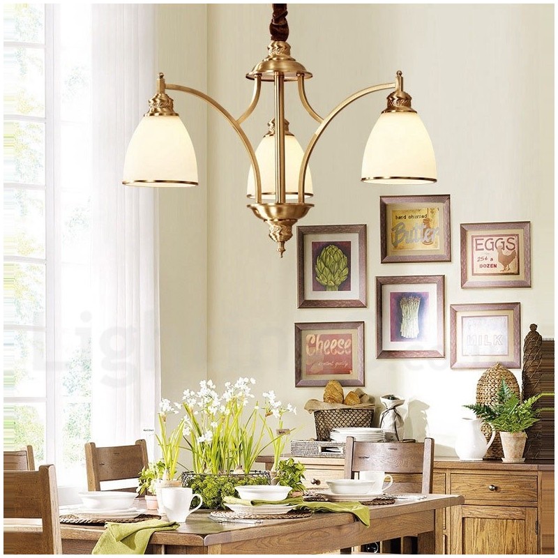 Lustre suspendu luxueux en laiton pur, style rustique rétro vintage, avec abat-jour en verre