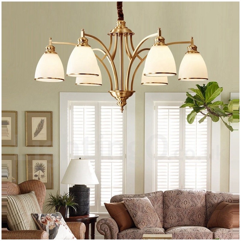 Lustre suspendu luxueux en laiton pur, style rustique rétro vintage, avec abat-jour en verre