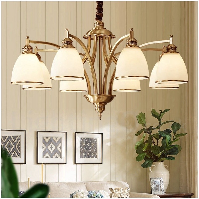 Lustre suspendu luxueux en laiton pur, style rustique rétro vintage, avec abat-jour en verre