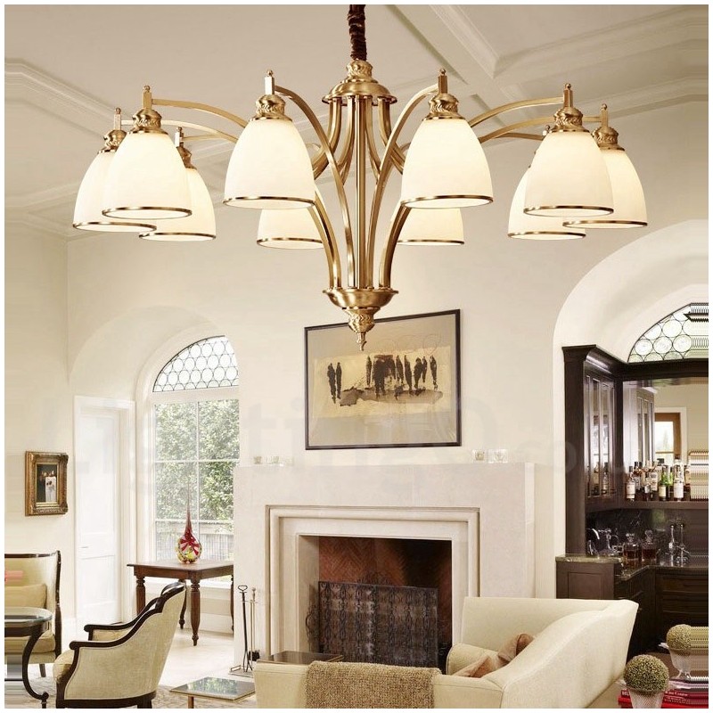 Lustre suspendu luxueux en laiton pur, style rustique rétro vintage, avec abat-jour en verre