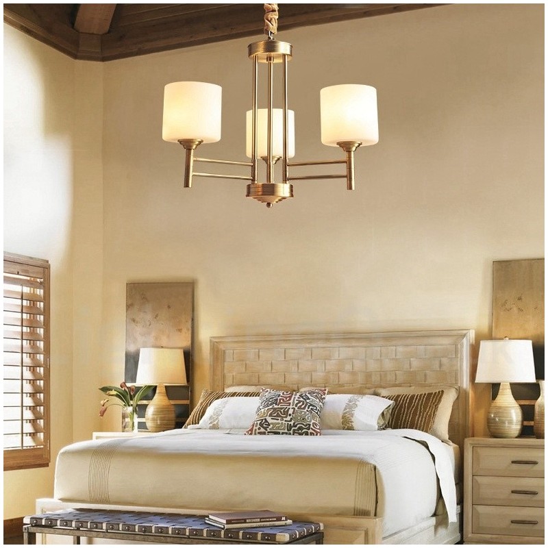 Grand lustre suspendu luxueux en laiton pur, style rustique rétro vintage, avec abat-jour en verre
