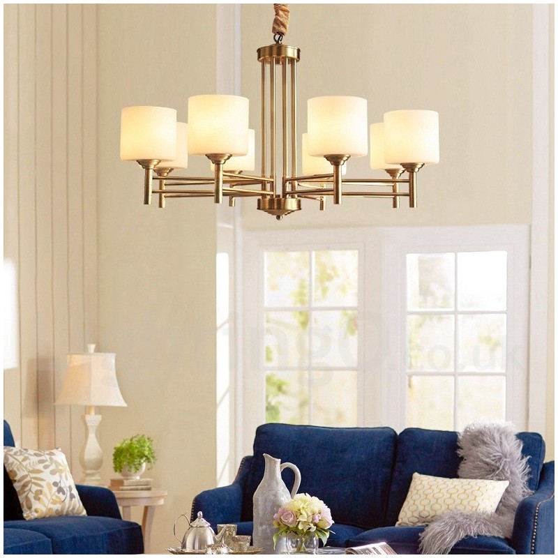 Grand lustre suspendu luxueux en laiton pur, style rustique rétro vintage, avec abat-jour en verre