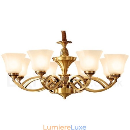 Grand lustre suspendu luxueux en laiton pur, style rustique rétro vintage, avec abat-jour en verre Grand lustre suspendu luxueux en laiton pur, style rustique rétro vintage, avec abat-jour en verre